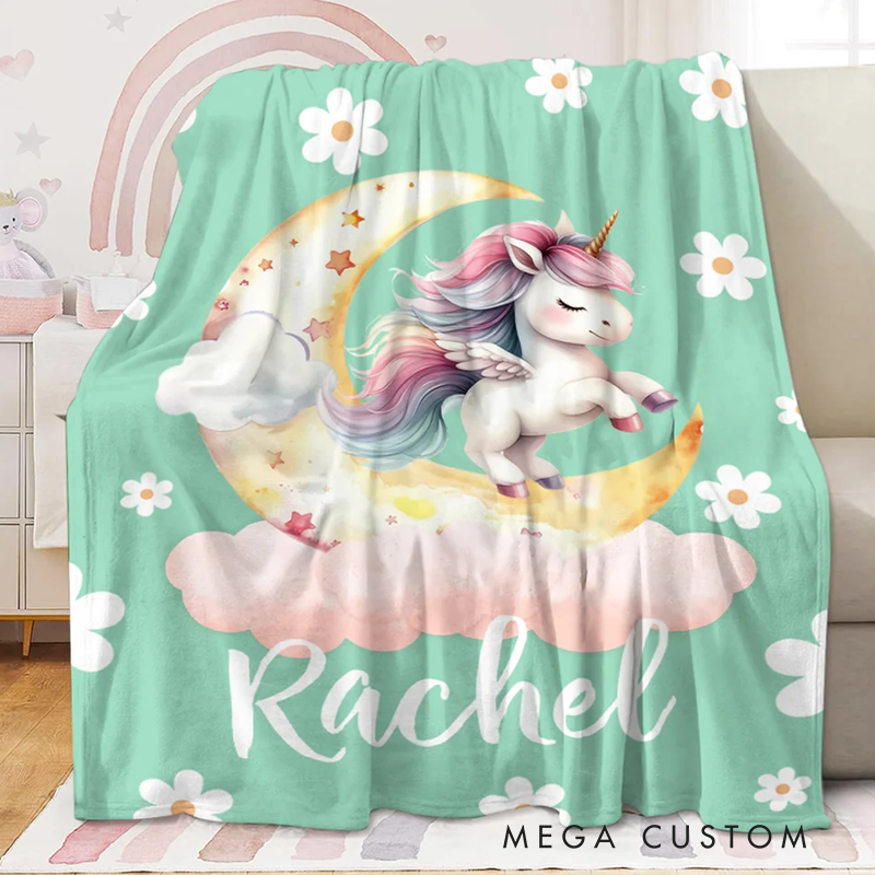 Personalized Fantasy Unicorn Dreamy Moon Soft Throw Blanket with Name Home Decor Birthday Baby Shower Gift for Girls