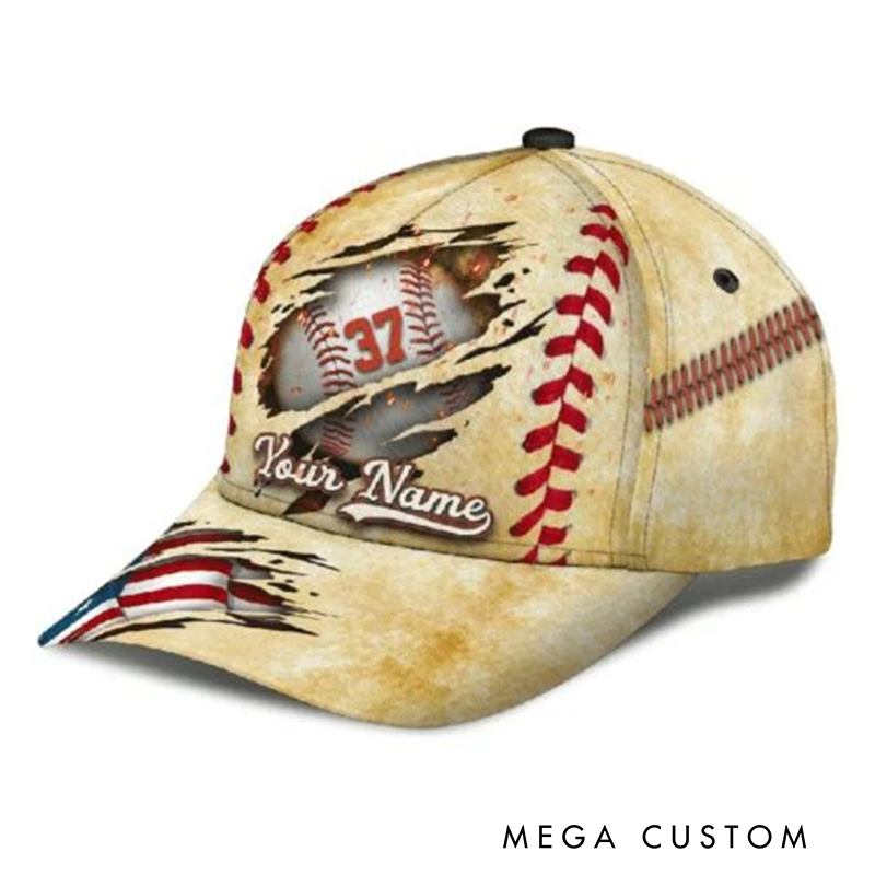 Personalized Baseball Cap with Torn Design Custom Name Number and Flag Details  