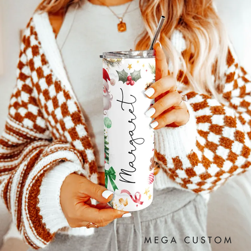 Personalized Name Santa Tumbler 20oz Merry Christmas Skinny Tumbler With Lid and Straw New Year Holiday Gift Xmas Tumbler Cup
