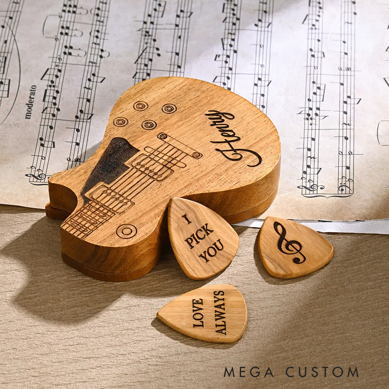 Personalized Wooden Guitar Picks with Storage Case Engraved Holder Box for Pick Set Gift for Guitar Player Musician Birthday Gift Idea