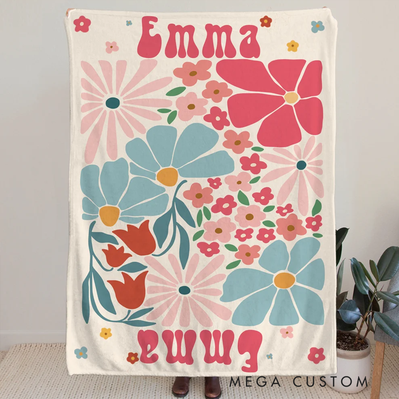 Personalized Retro Boho Watercolor Danish Floral Soft Throw Blanket with Name Home Decor Birthday Holiday Gift for Friends Family