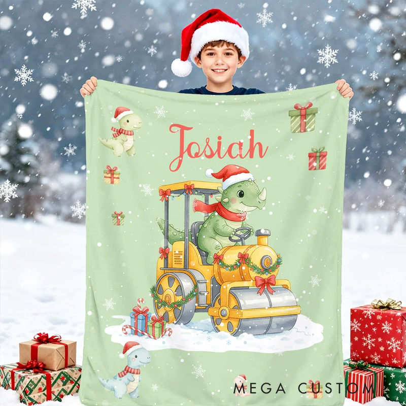 Personalized Cartoon Dinosaur Construction Vehicle Soft Throw Blanket with Name Home Decor Christmas Party Gift for Toddlers Boys