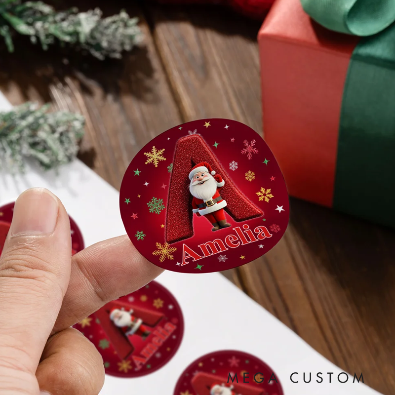 Personalized Cartoon Santa Claus Initial Waterproof Stickers with Name Gift Decor Christmas Party Favor for Friends Family