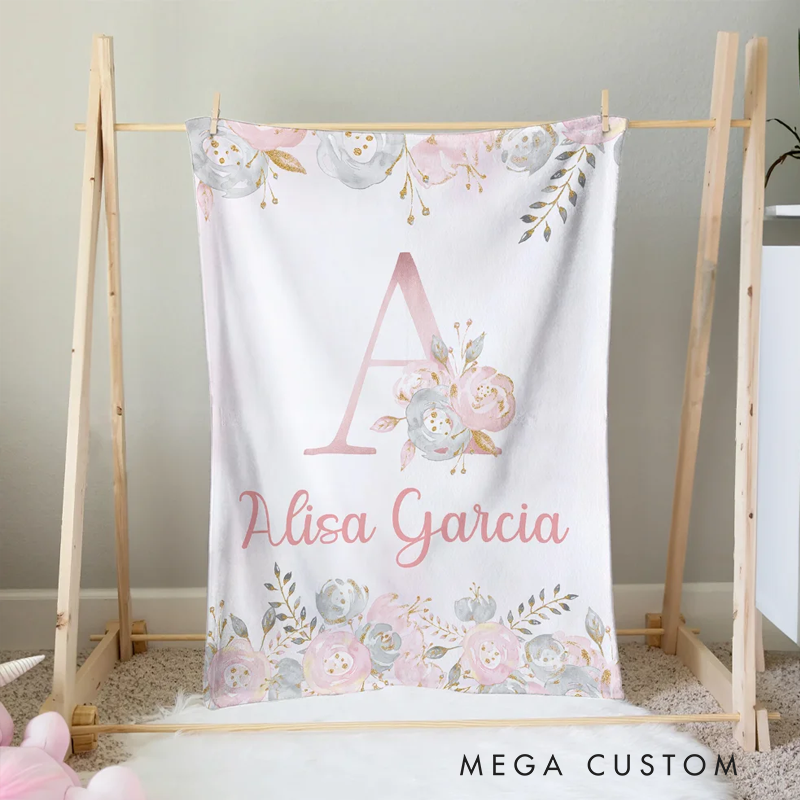 Personalized Pink Floral Soft Throw Blanket with Initial and Name Birthday Baby Shower Gift for Baby Girls