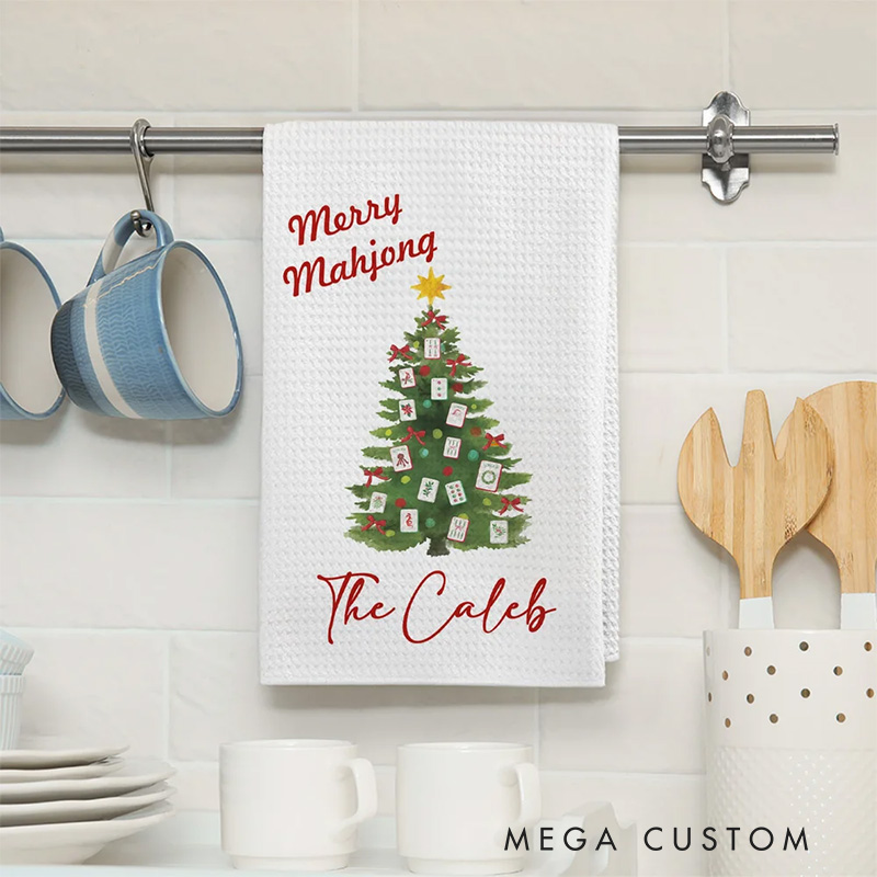 Personalized Bow Garland Christmas Tree Mahjong Waffle Kitchen Towel with Name Baking Tea Dish Towel Holiday Christmas Gift for Family Friend Baking Lover Gift