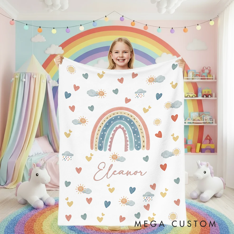 Personalized Heart Cloud Smiling Sun Rainbow Soft Throw Blanket with Name Home Decor Christmas Birthday Gift for Kids