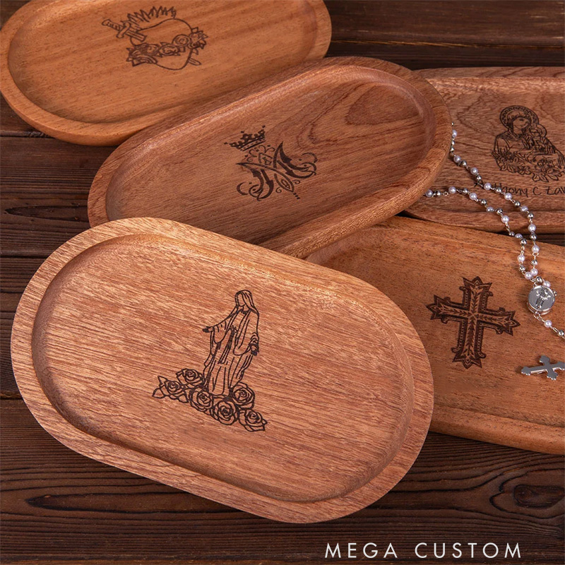 Personalized Wooden Rosary Tray with Engraved Name Sacrament First Communion Baptism Gift for Christian