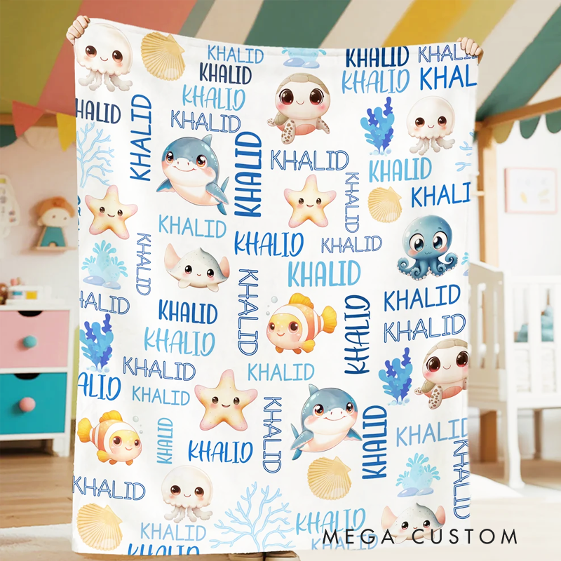 Personalized Cute Marine Animals Design Soft Throw Blanket with Name Home Decor Birthday Christmas Gift for Boys Girls