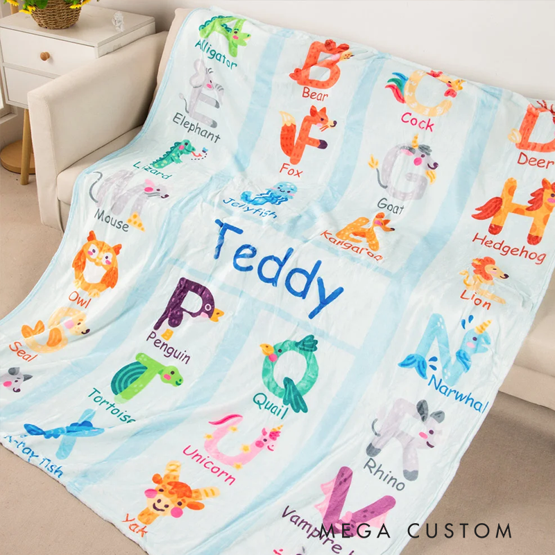Personalized Zoo Alphabet Enlightenment Education Fleece Soft Blanket with Name Gift for Baby Kid