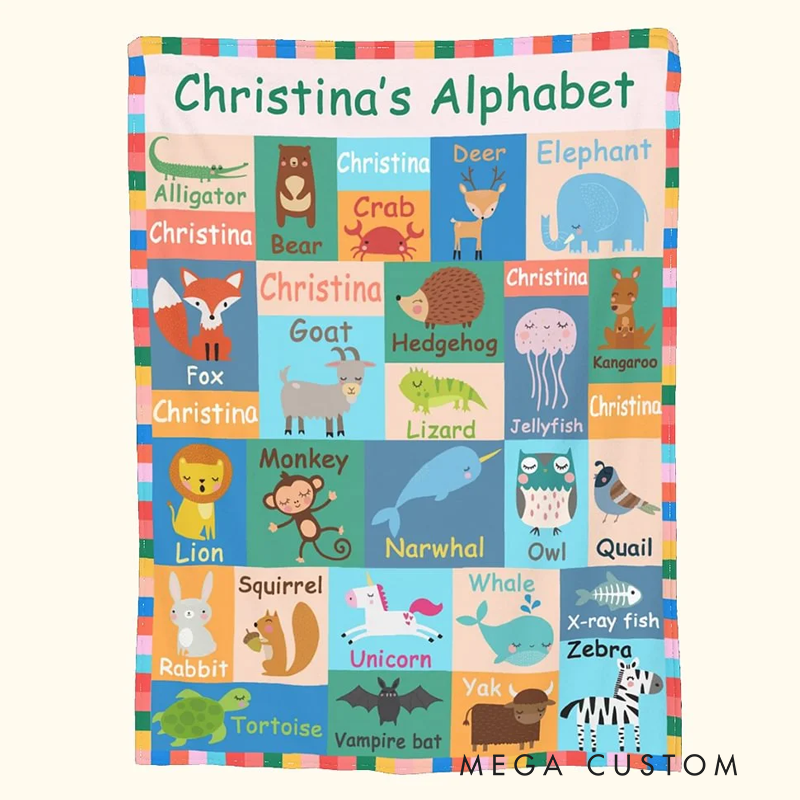 Personalized Kids Animals Alphabet Flannel Blanket with Name