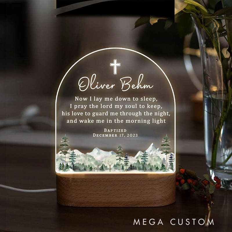 Personalized Cross Mountain Baptism LED Night Light with Wooden Base with Name and Date Nursery Decor Baptism Christening Dedicated Gift for Boy