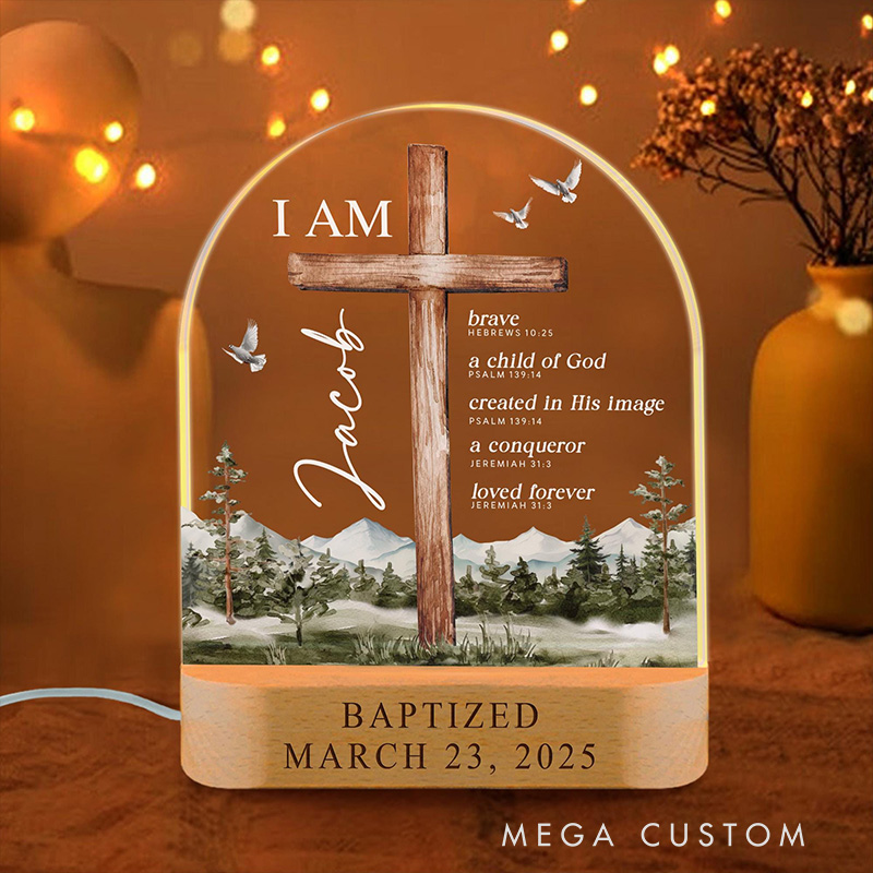 Personalized Cross Mountain Bible Verse Baptism LED Night Light with Wooden Base with Name and Date Nursery Decor Baptism Gift for Godson