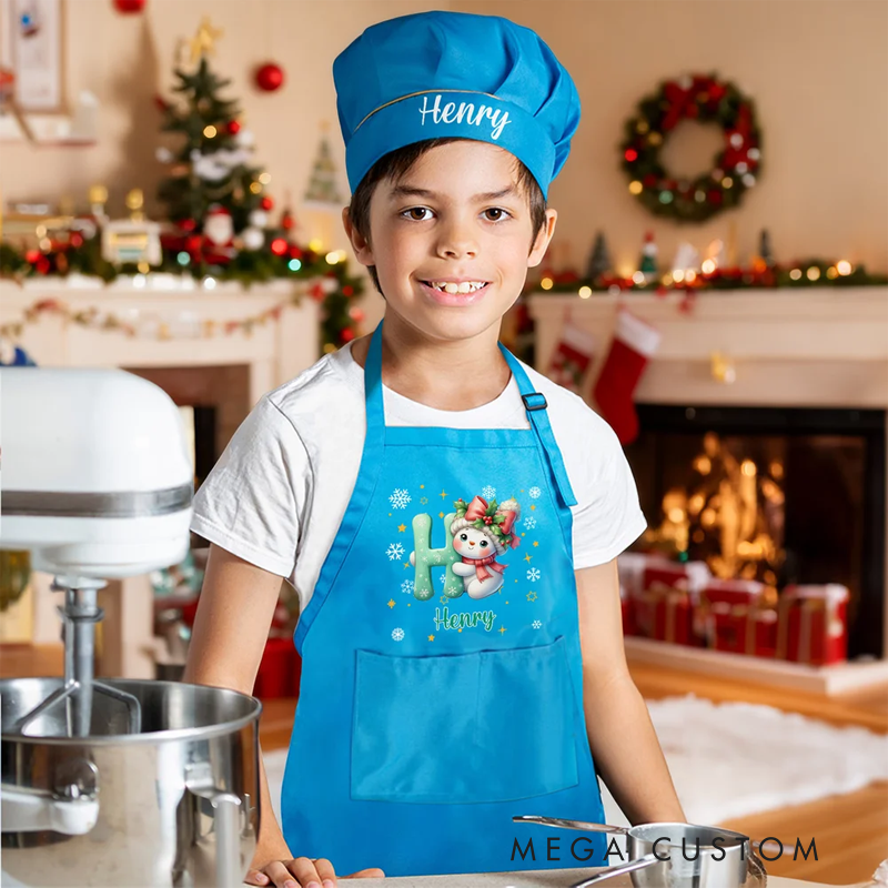 Personalized Cartoon Christmas Hat Snowman Initial Adjustable Kid Apron Chef Hat Set with Name and Pocket for Cooking Christmas Gift for Kids