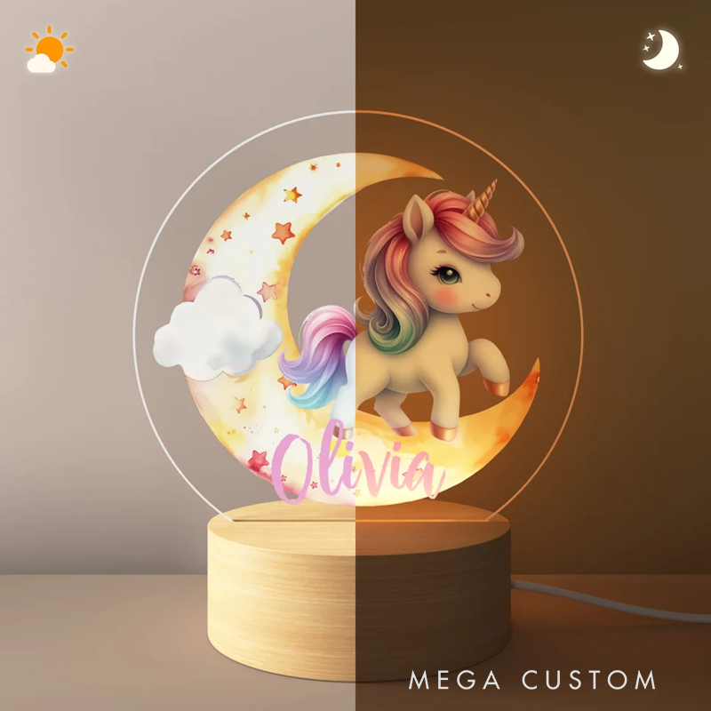 Personalized LED Night Light with Name Unicorn Baby Pattern Room Decoration with Wooden Base Christmas Birthday Baby Shower Gift for Girl