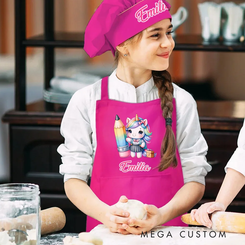 Personalized Fantasy Unicorn Dinosaur Adjustable Apron Chef Hat Set with Pocket and Name Cooking Baking Birthday Gift for Kids