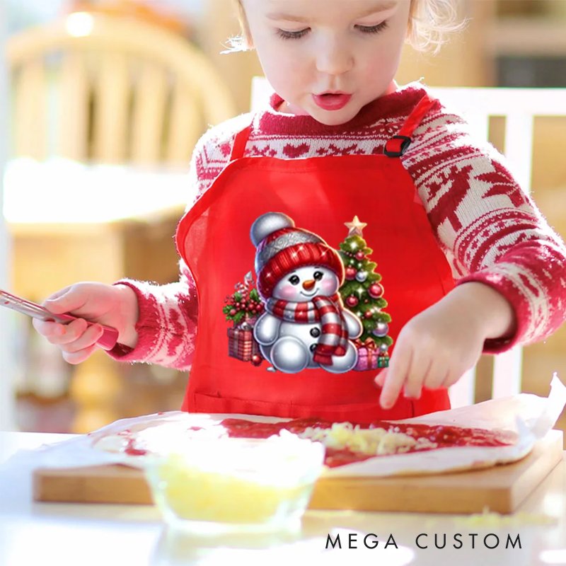 Personalized Cute Snowman Adjustable Apron Chef Hat Set with Pocket and Name Cooking Baking Birthday Gift for Kids