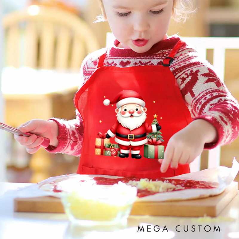 Personalized Cute Santa Claus Apron Chef Hat Set with Pocket and Name Cooking Baking Birthday Gift for Kids