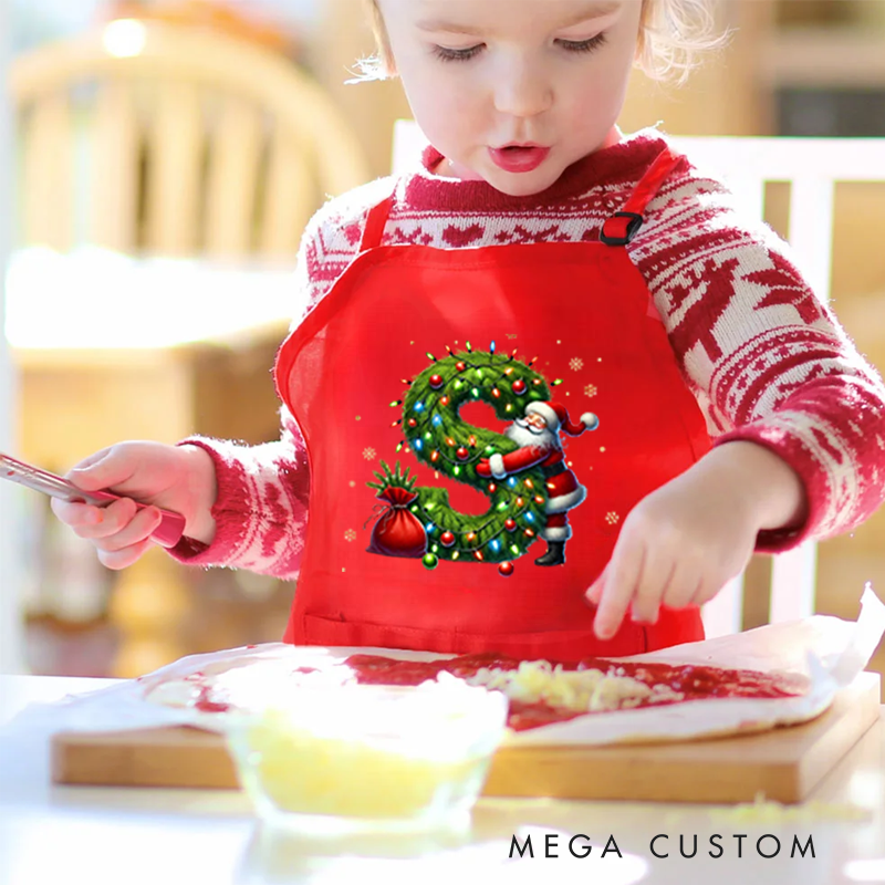 Personalized Santa Claus Initials Adjustable Apron Chef Hat Set with Pocket and Name Cooking Baking Birthday Gift for Kids