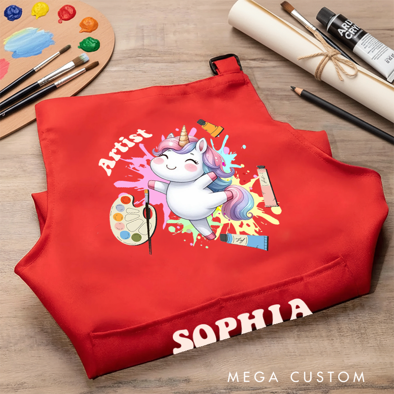 Personalized Cute Animal Kids Art Apron Fantasy Unicorn Kid Apron Chef Hat Set with Name Cooking Handcraft Activities Birthday Holiday Gift for Kids