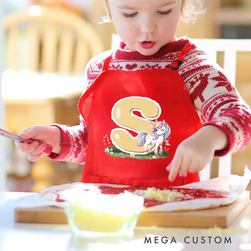 Personalized Animal Initials Adjustable Apron Chef Hat Set with Pocket and Name Cooking Baking Birthday Gift for Kids