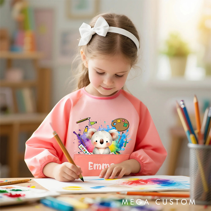 Personalized Cute Animal Kids Art Apron Long Sleeve Kid Apron with Name Painting Handcraft Activities Birthday Holiday Gift for Kids