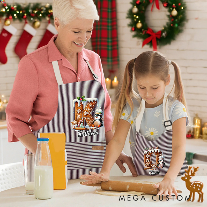 Personalized Christmas Penguin Biscuit Initial Kid Adult Baking Apron with Name and Front Pocket Birthday Christmas Gift for Kids Family