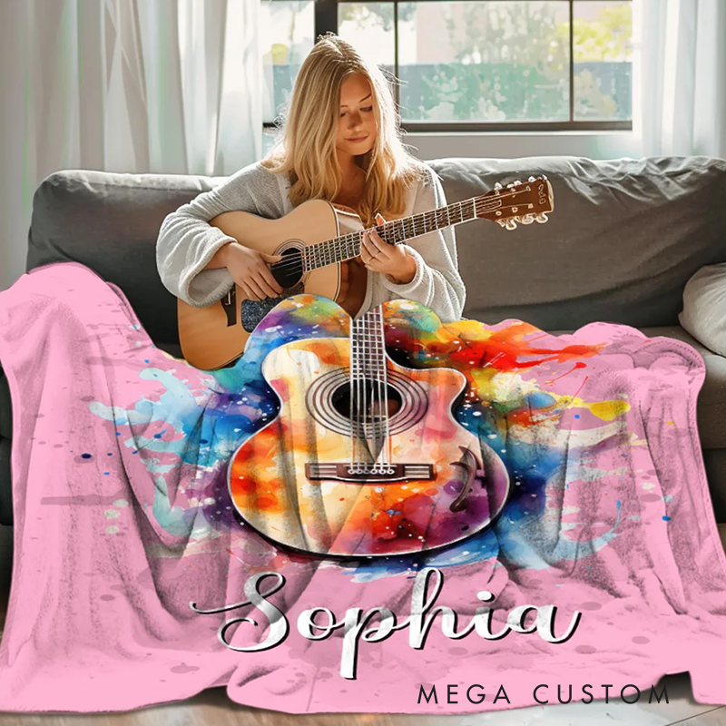 Personalized Multicolor Splash Ink Electric Guitar Soft Throw Blanket with Name Music Room Decor Gift for Guitar Player