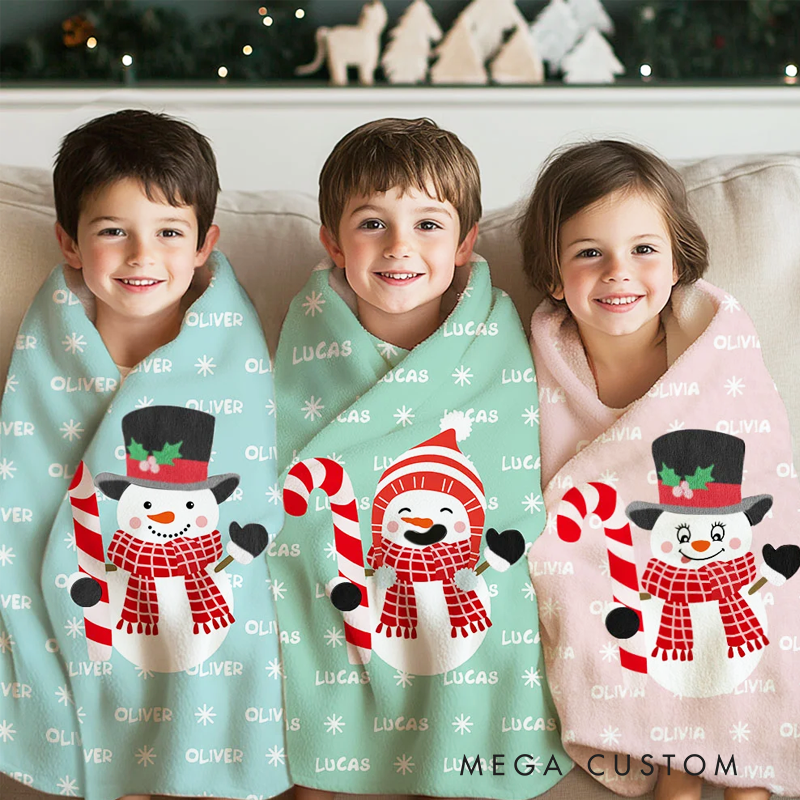 Personalized Cute Candy Cane Top Hat Snowman Soft Throw Blanket with Name Festival Home Decor Christmas Birthday Gift for Family Kids
