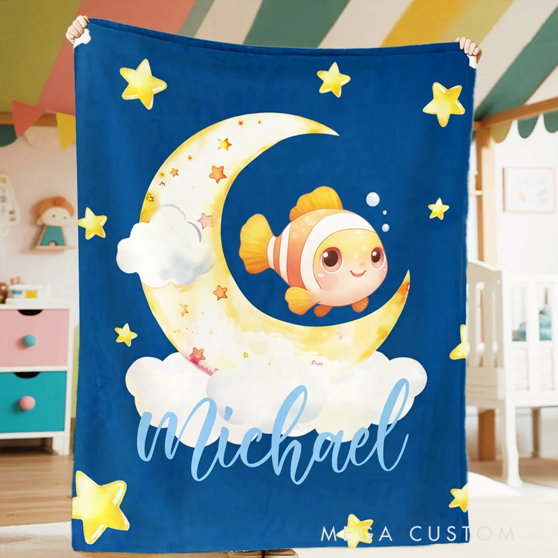Personalized Cloud Moon Cartoon Marine Jungle Animal Soft Throw Blanket with Name Home Decor Birthday Christmas Gift for Kid Family