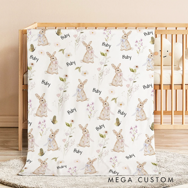 Personalized Wildflower Rabbit Soft Throw Blanket with Name Home Decor Anniversary Birthday Gift for Family Baby