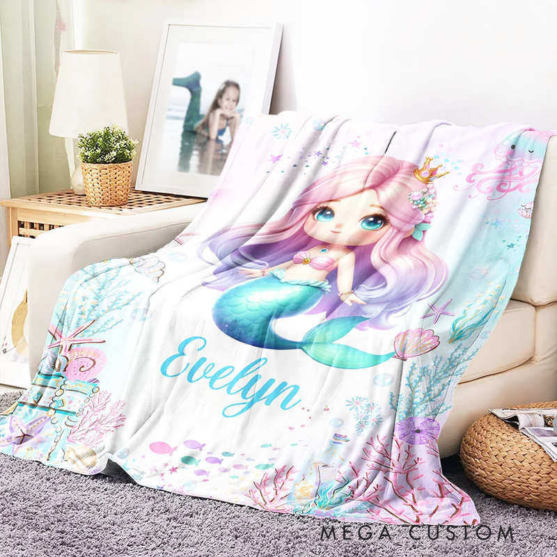 Personalized Fantasy Mermaid Soft Throw Blanket with Name Home Decor Birthday Gift for Girls Mermaid Lovers