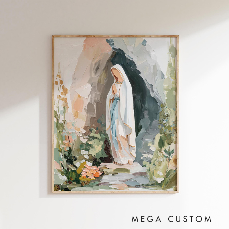 Personalized Our Lady of Lourdes Virgin Mary Catholic Modern Art Frameless Poster with Name Neutral Christian Wall Decor Gift for Her Blessed Mother
