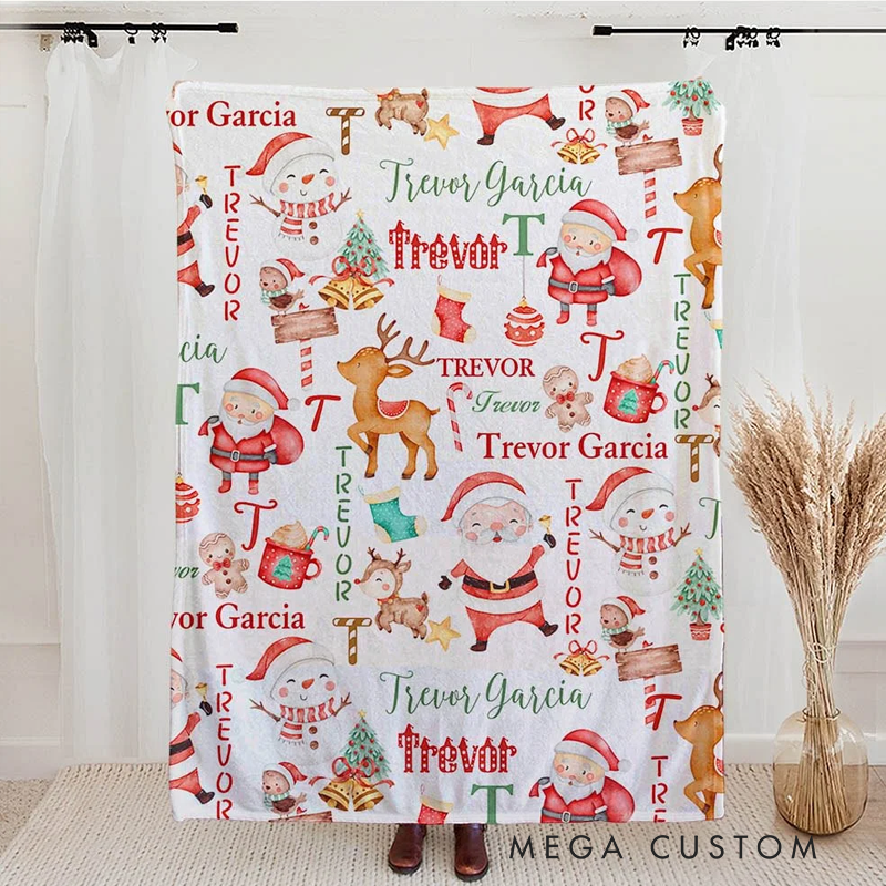 Personalized Santa Claus Reindeer Snowman Christmas Blanket with Name Home Decoration Christmas Gift for Kid Family Friend