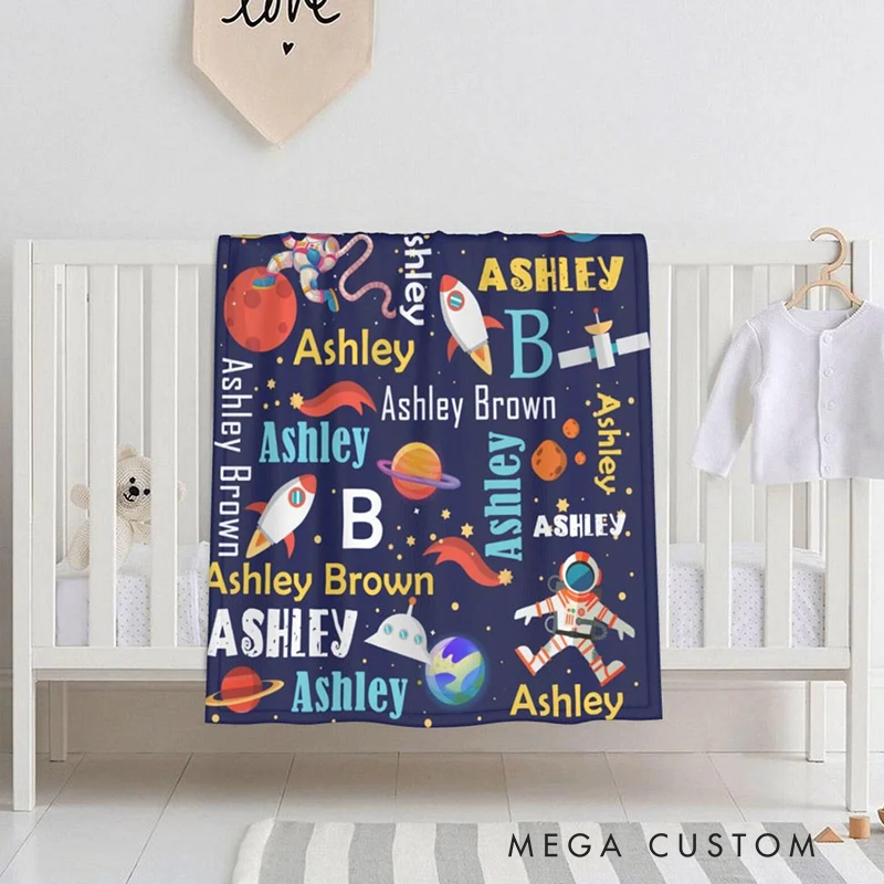 Personalized Space Theme Astronaut Rocket Fleece Soft Blanket with Name Birthday Gift for Kid