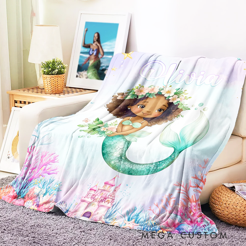 Personalized Fantasy Mermaid Princess Underwater World Soft Throw Blanket with Name Home Decor Birthday Gift for Girls