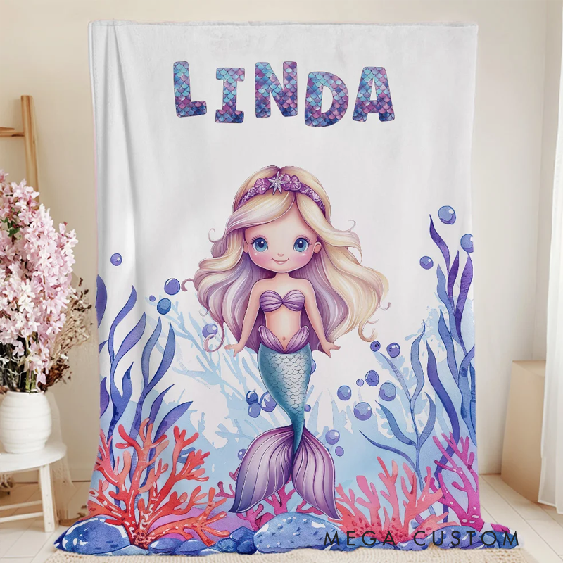 Personalized Fantasy Mermaid Underwater World Soft Throw Blanket with Name Home Decor Birthday Gift for Girls