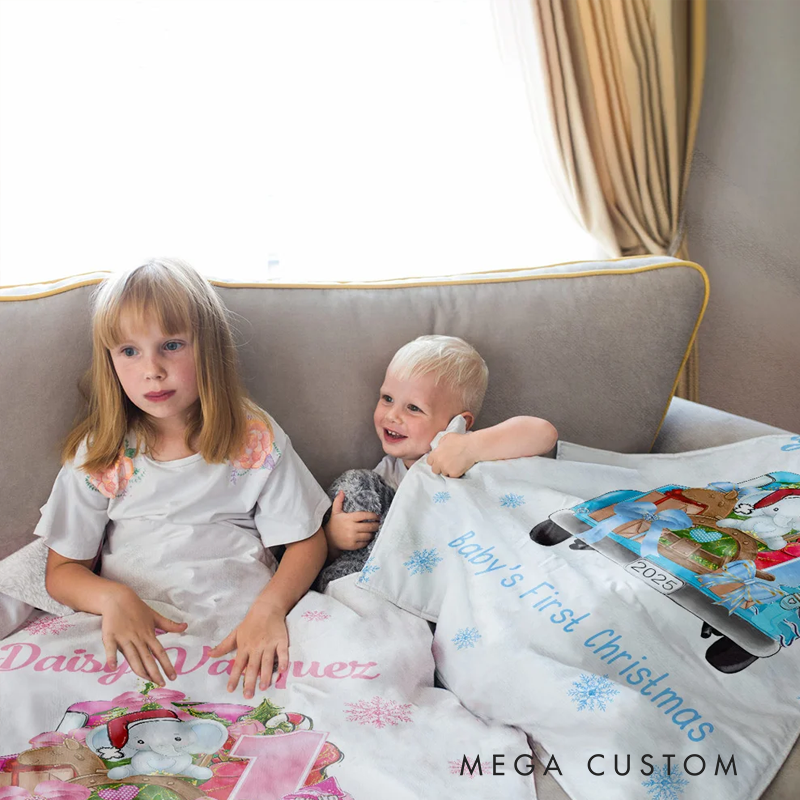 Personalized Baby's First Christmas Blanket Cute Animal on Gift Truck Sofa Blanket with Name Holiday Home Decoration Christmas Gift for Family Kid