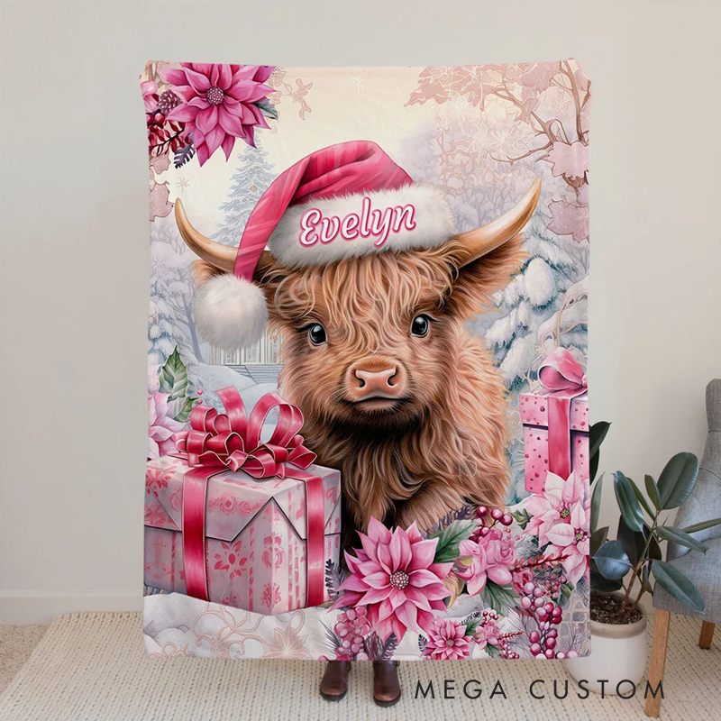Personalized Pink Floral Highland Cow Blanket with Name Christmas Gift for Highland Cow Lover