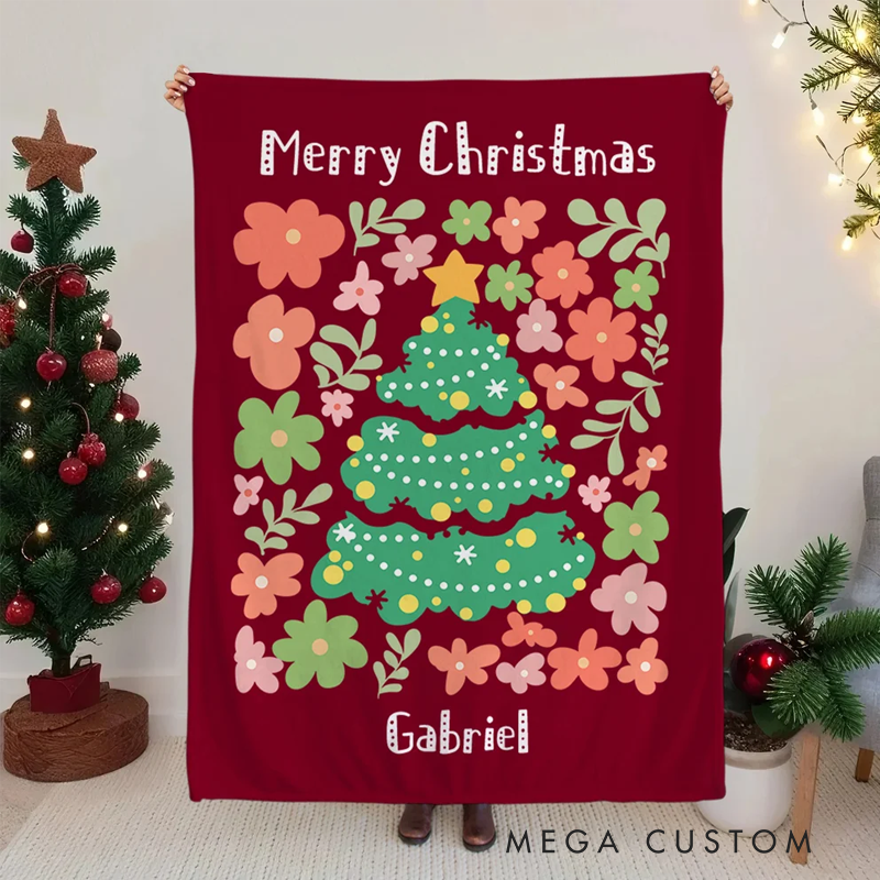 Personalized Christmas Tree Colorful Floral Soft Throw Blanket with Name and Text Home Decor Christmas Gift for Family Friends