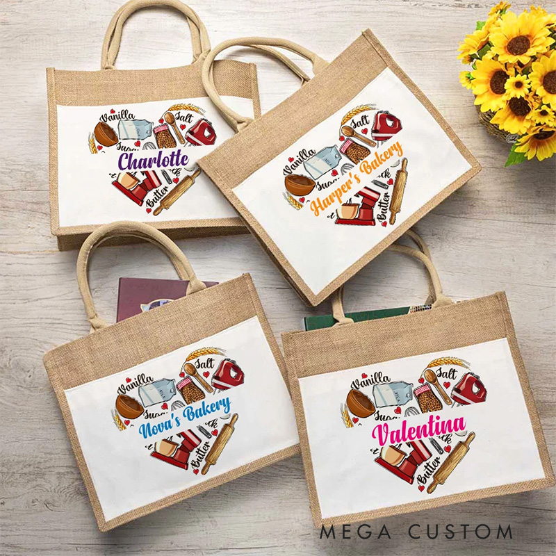 Personalized Baking Tools Love Heart Large Capacity Jute Tote Bag with Name Birthday Gift for Cooking Lovers
