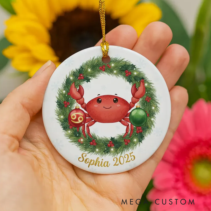 Personalized Cancer Christmas Ornament Ceramic Zodiac Crab Christmas Decoration Astrology Holiday Keepsake With Name Birthday Gift
