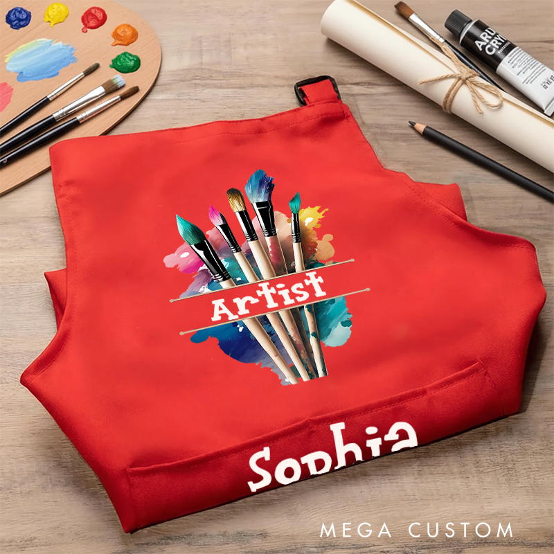 Personalized Paintbrush Design Kids Art Apron Art Party Apron Chef Hat Set with Name Cooking Handcraft Activities Birthday Holiday Gift for Kids
