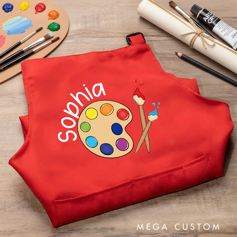 Personalized Colorful Palette Kids Art Apron Art Party Apron Chef Hat Set with Name Cooking Handcraft Activities Birthday Holiday Gift for Kids