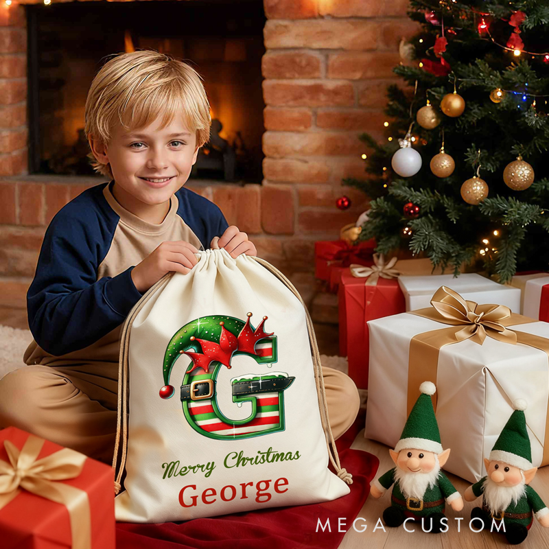 Personalized Santa Sack with Custom Name Holiday Gift Bag for Kids Family Christmas Elf Hat Initial Name Gift Bag 