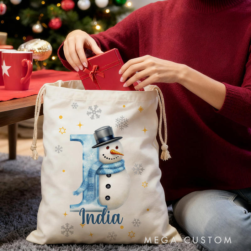 Personalized Snowman Christmas Gift Bag Custom Initial & Name Holiday Sack