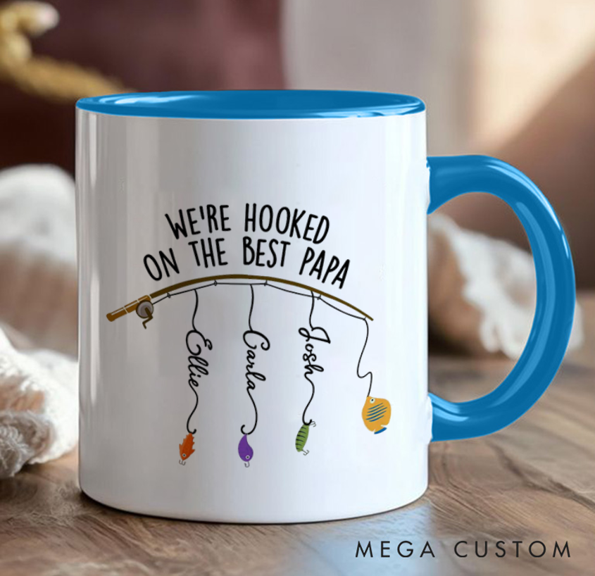 Personalized Fishing Themed Mug Hooked on the Best Mug Fathers Day Gift Cusrtom Kids' Names Perfect Gift for Dad Father’s Day or Birthday