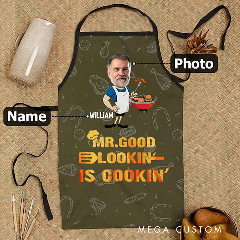 Personalized Funny MR. GOOD LOOKIN Face Photo Barbecue Waterproof Adjustable Men's Apron with Name Father's Day Birthday Gift for Man BBQ Master