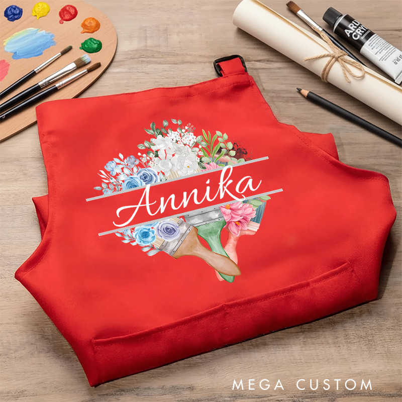 Personalized Flora Brush Kids Art Apron Art Party Apron Chef Hat Set with Name Cooking Handcraft Activities Birthday Holiday Gift for Kids