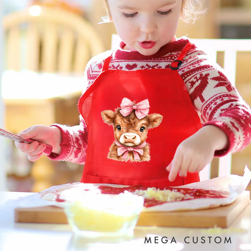Personalized Animal Adventure Apron with Custom Name and Playful Blue Pink Highland Cow for Fun Baking Activities Kid Apron Gift for Kids