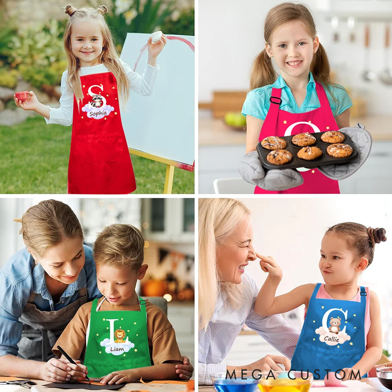 Personalized Cute Forest Animal Panda Elephant Adjustable Kid Apron Chef Hat Set with Name and Initial Handcraft Activities Birthday Gift for Kids